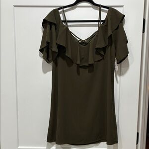 Elegant Olive Green Ruffle Mini Dress NWT